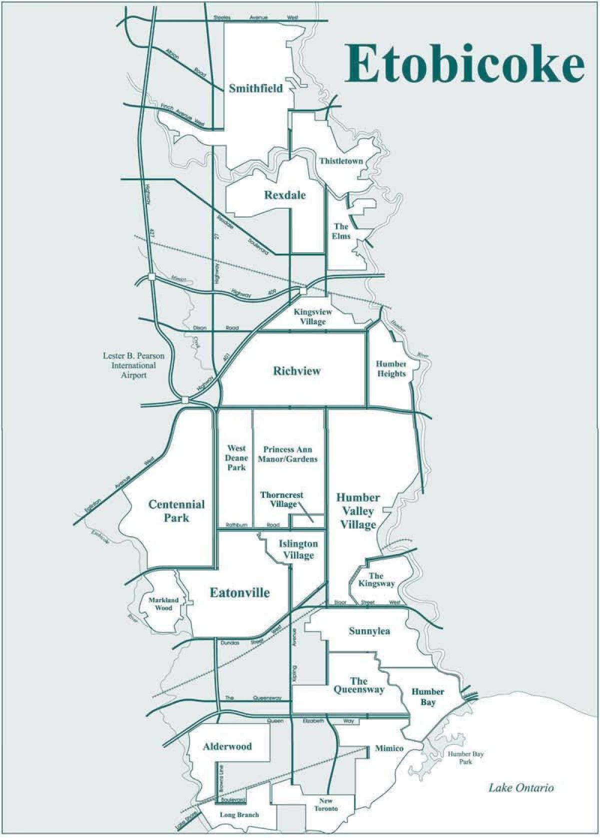 Map of Etobicoke neighbourhood Toronto