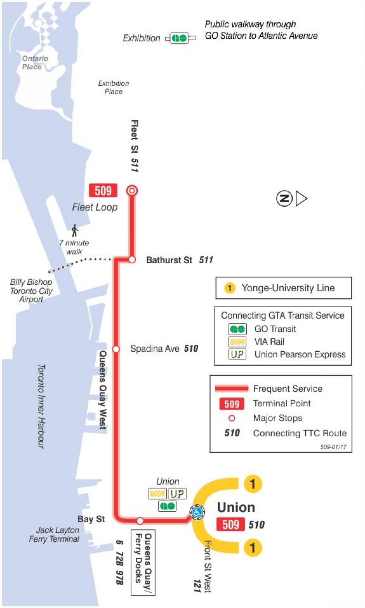 Map of streetcar line 509 Harbourfront