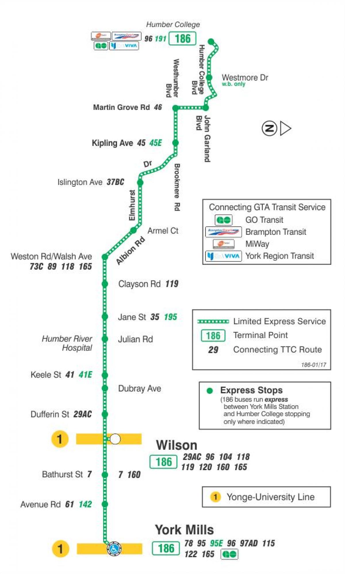 Map of TTC 186 Wilson Rocket bus route Toronto