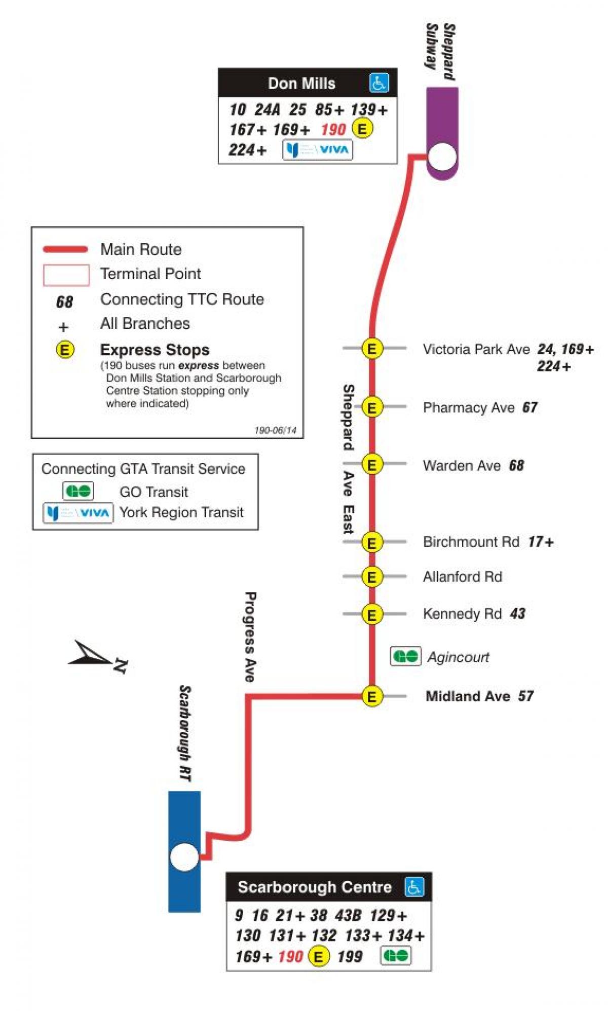 Map of TTC 190 Scarborough Centre Rocket bus route Toronto
