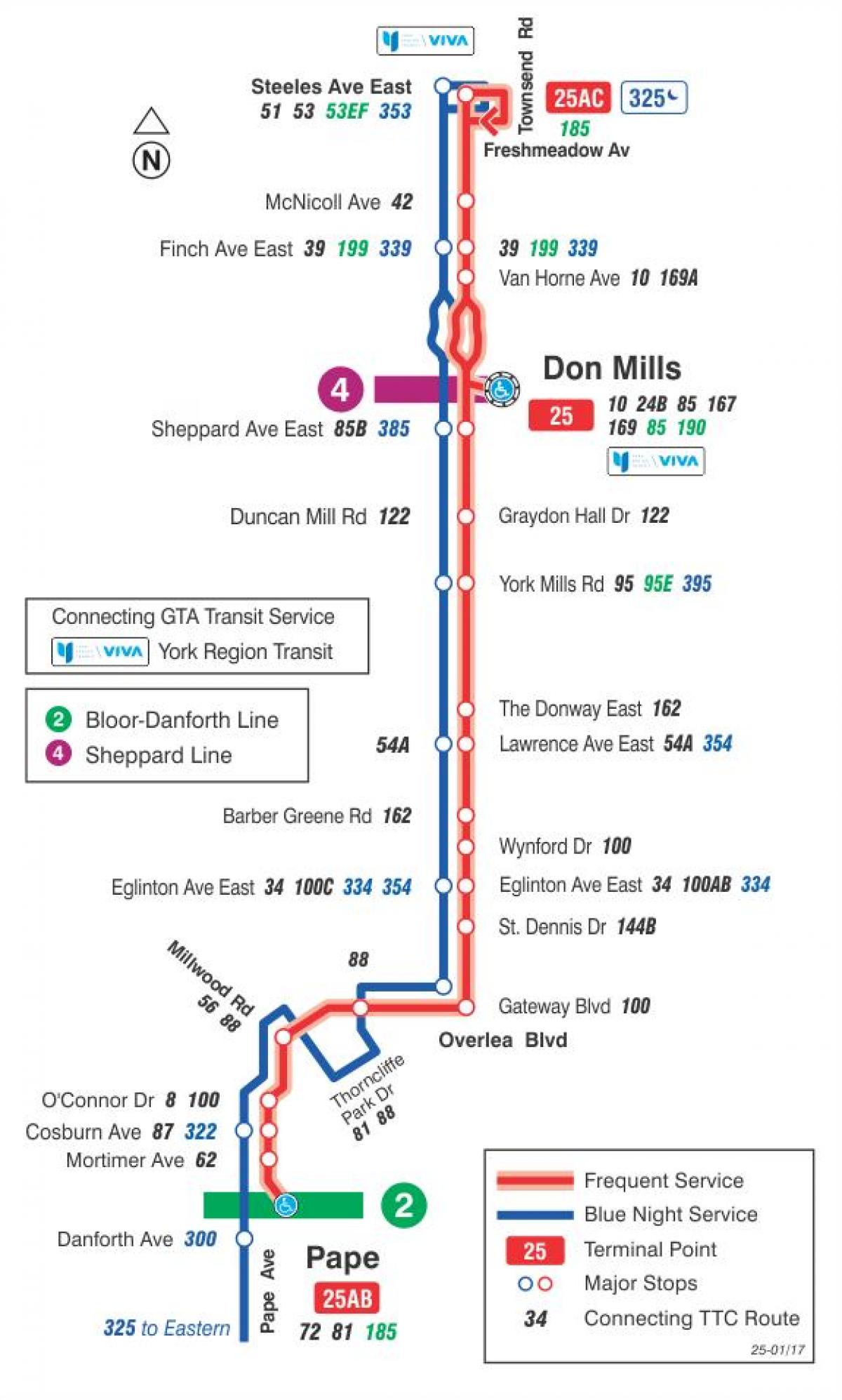 Map of TTC 25 Don Mills bus route Toronto