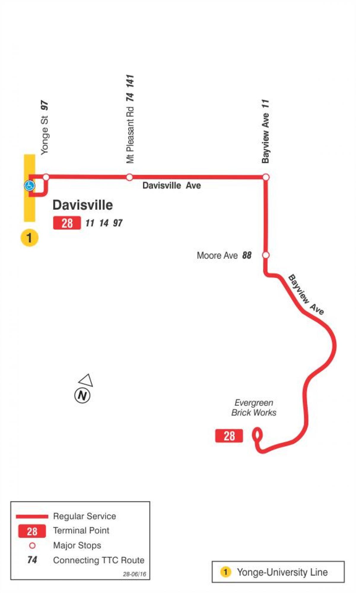 Map of TTC 28 Bayview South bus route Toronto