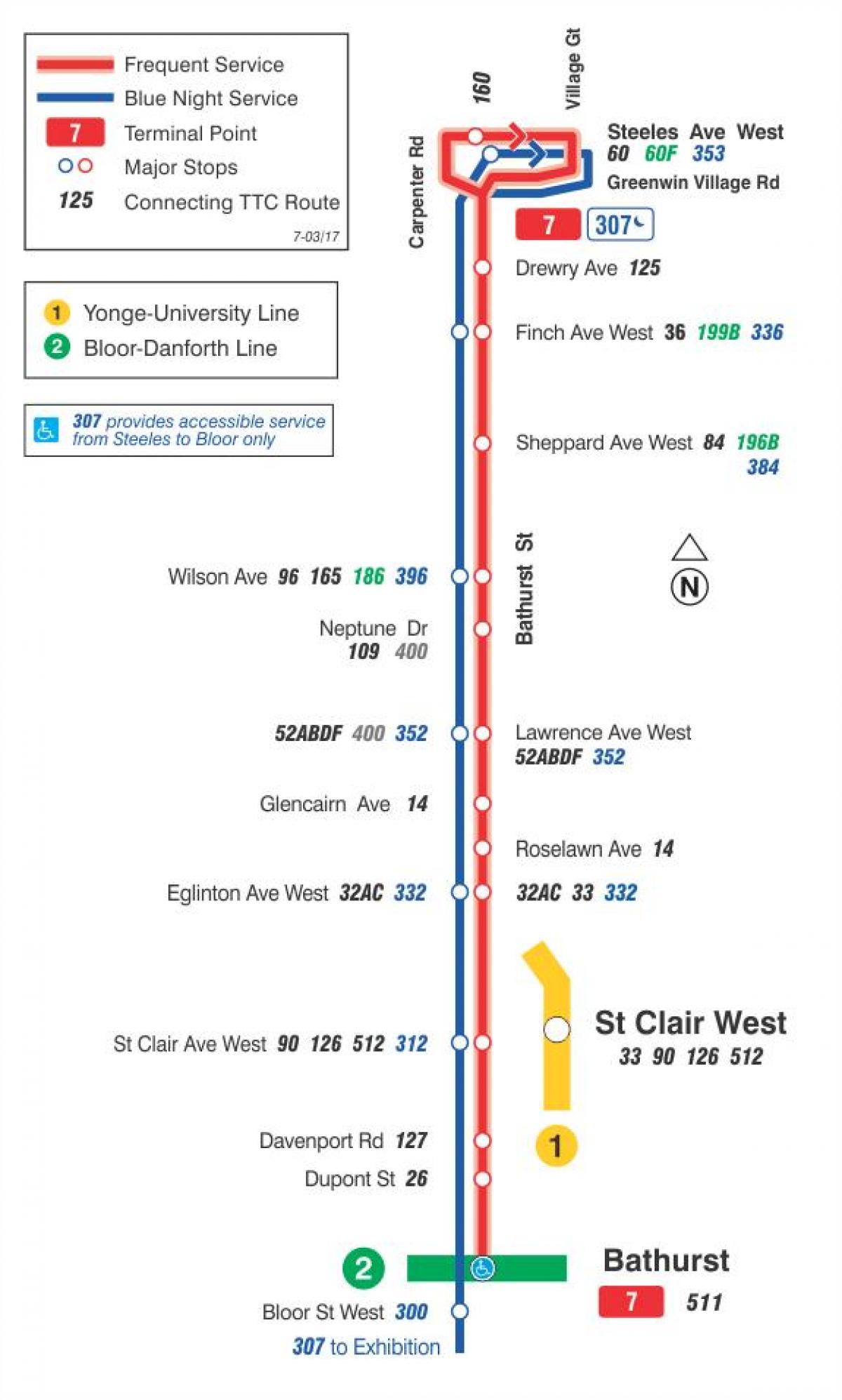 Map of TTC 7 Bathurst bus route Toronto