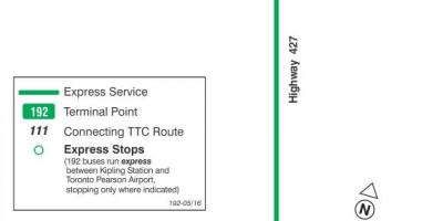 Map of TTC 192 Airport Rocket bus route Toronto