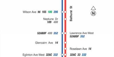Map of TTC 7 Bathurst bus route Toronto