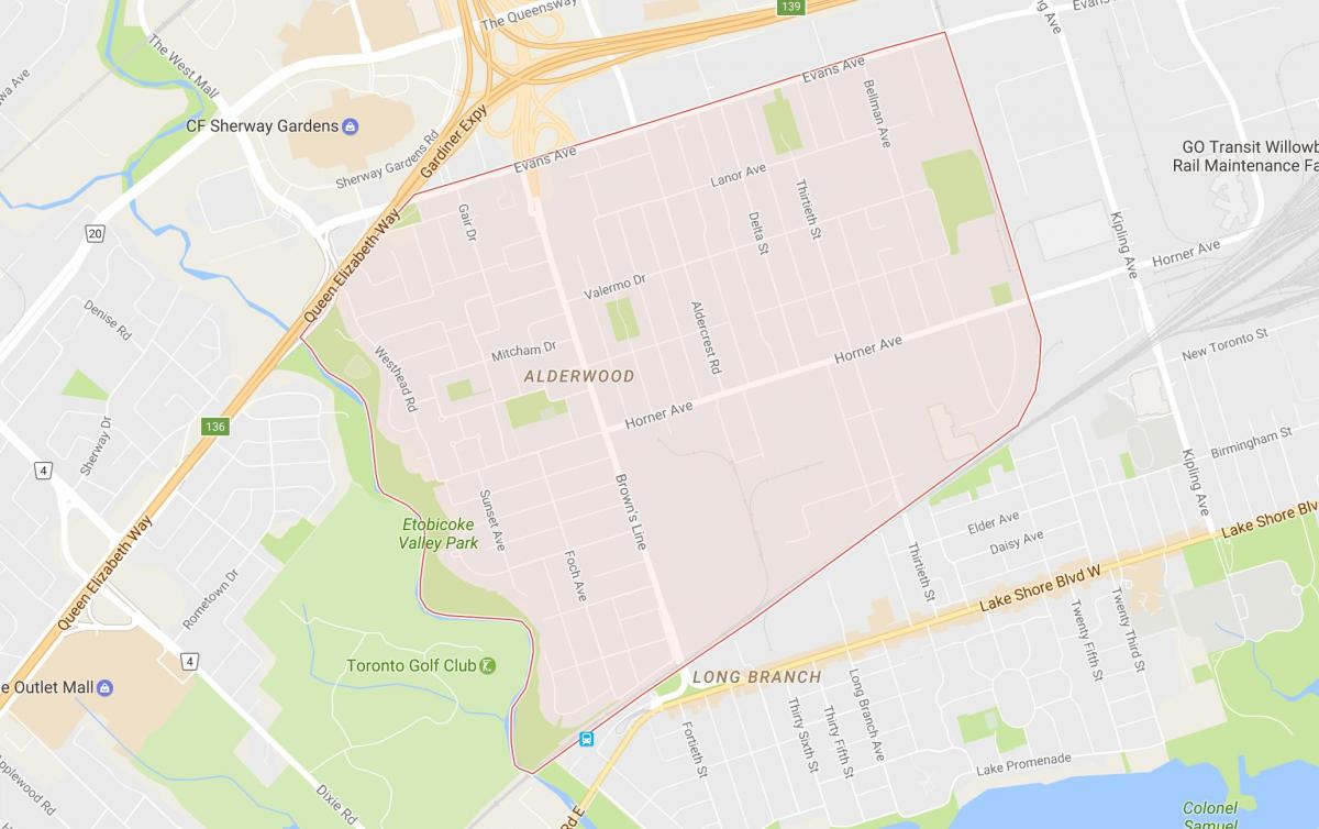 Map of Alderwood Parkview neighbourhood Toronto