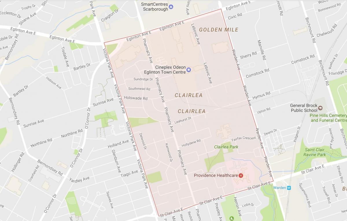 Map of Clairlea neighbourhood Toronto