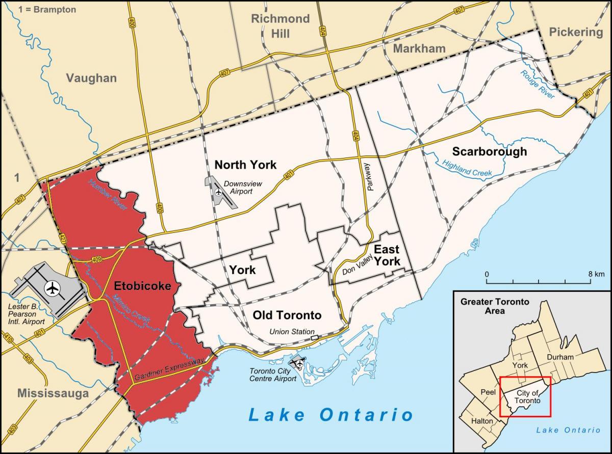 Map of Etobicoke district Toronto