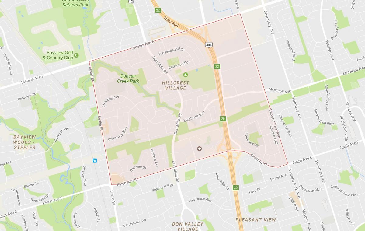 Map of Hillcrest Village neighbourhood Toronto