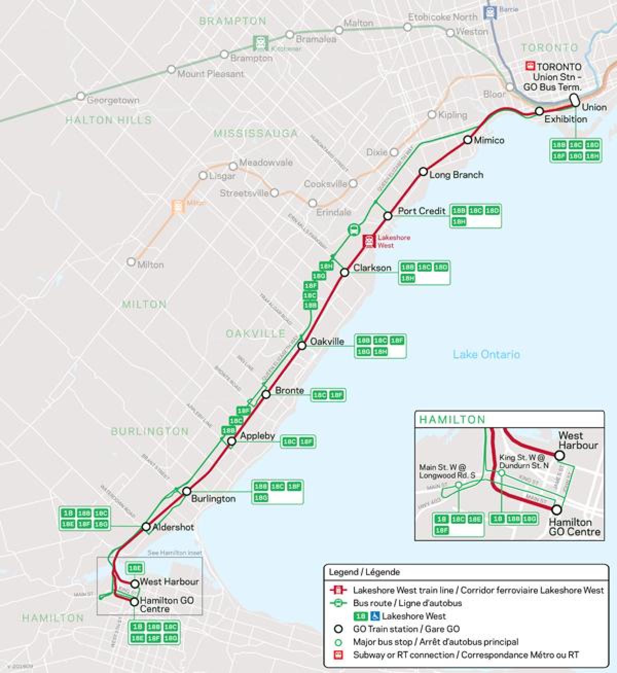 Map of line Lakeshore West Go Transit