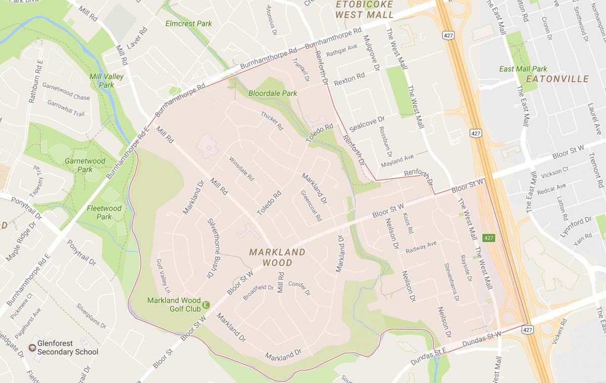 Map of Markland Wood neighbourhood Toronto