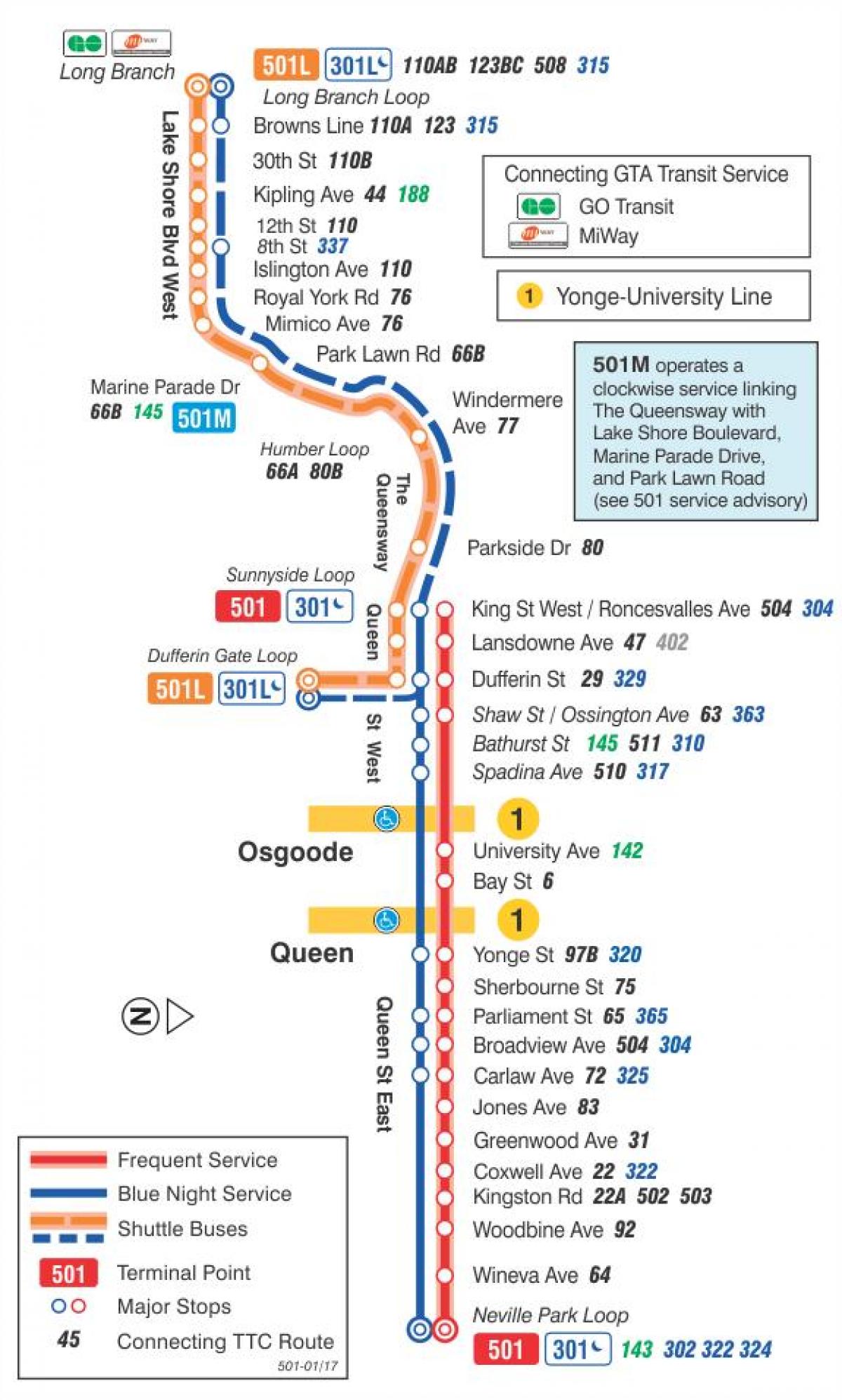 Map of streetcar line 501 Queen