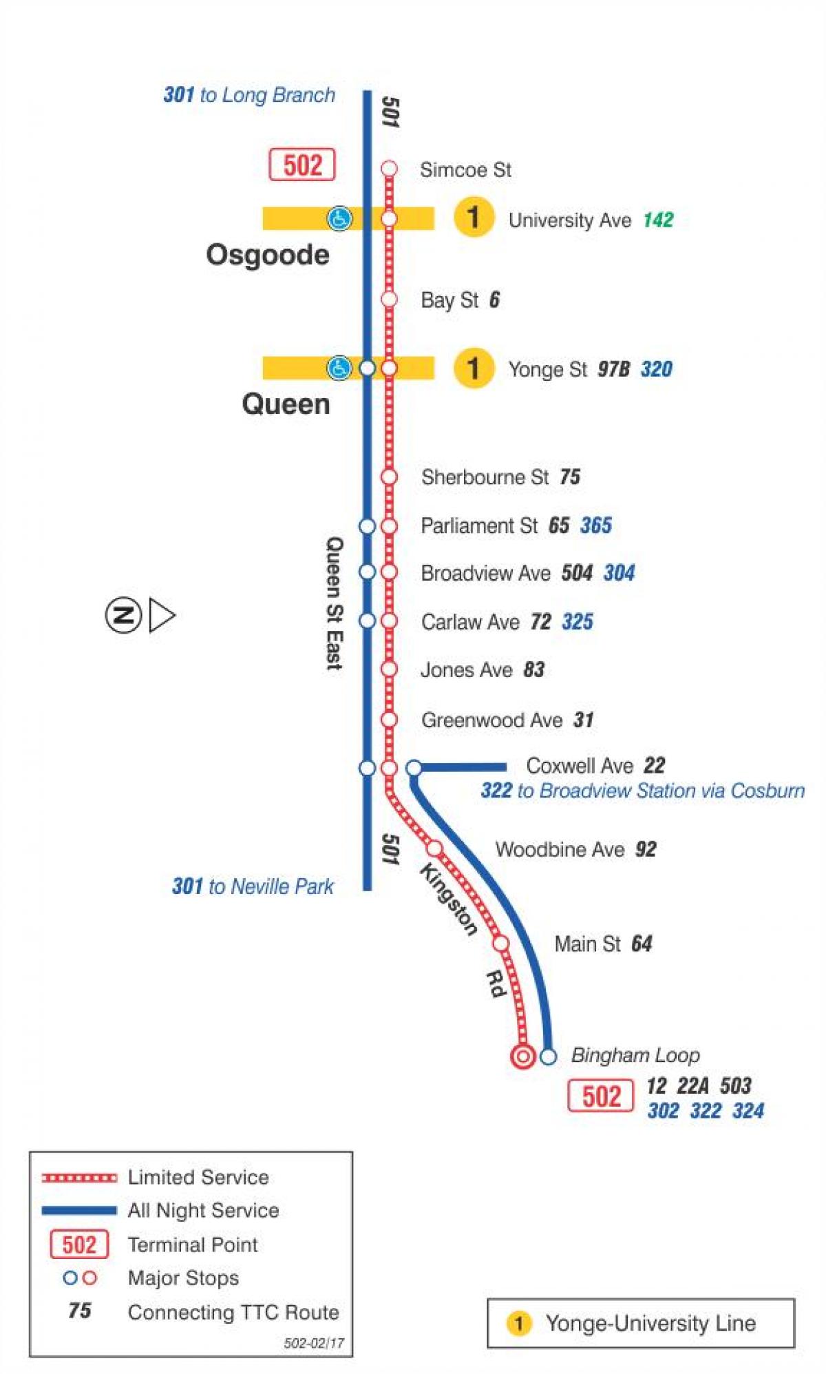 Map of streetcar line 502 Downtowner