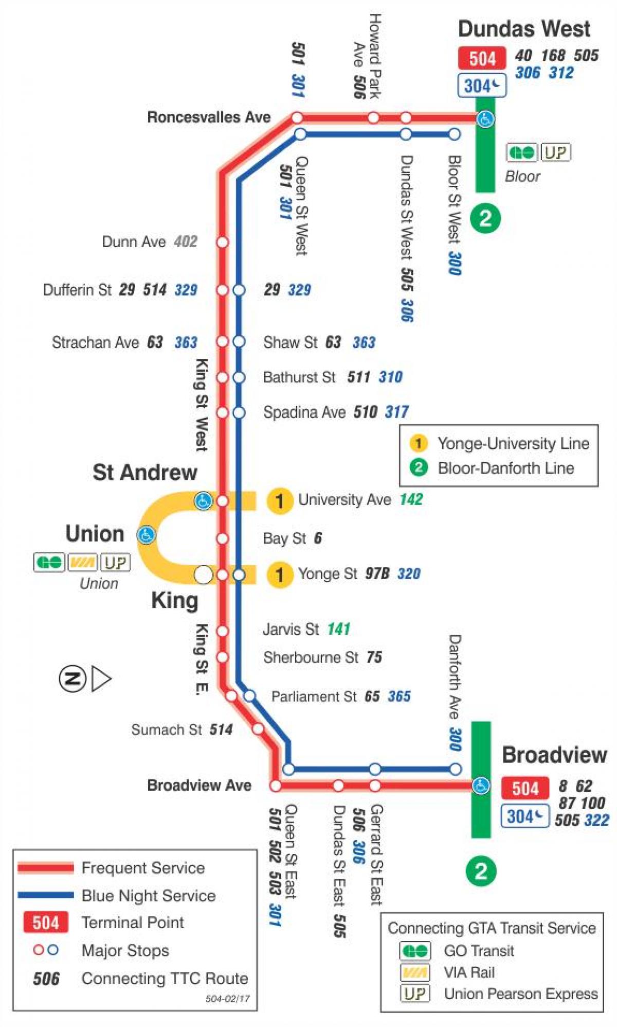 Map of streetcar line 504 King