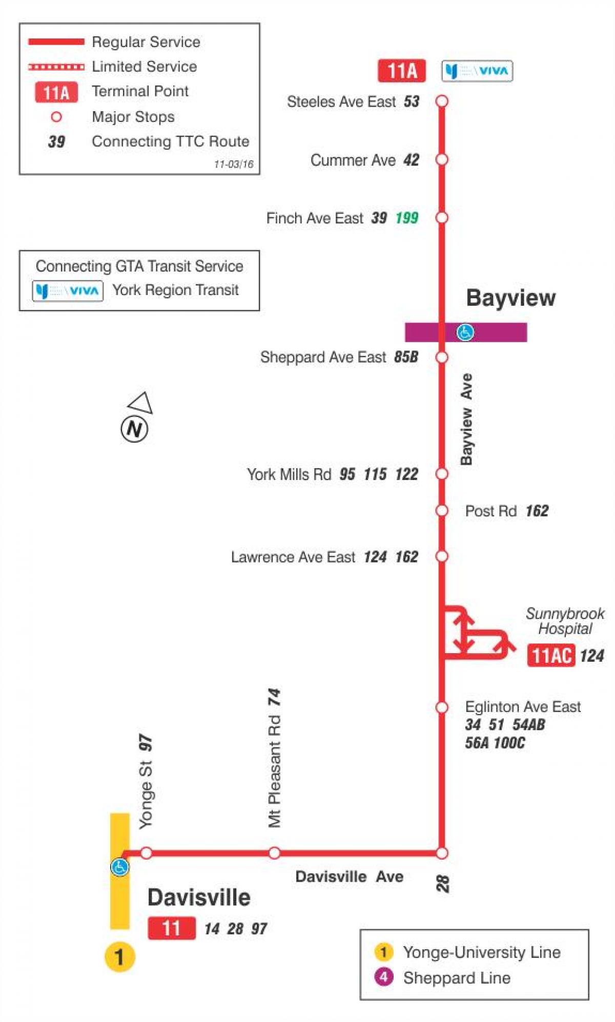 Map of TTC 11 Bayview bus route Toronto
