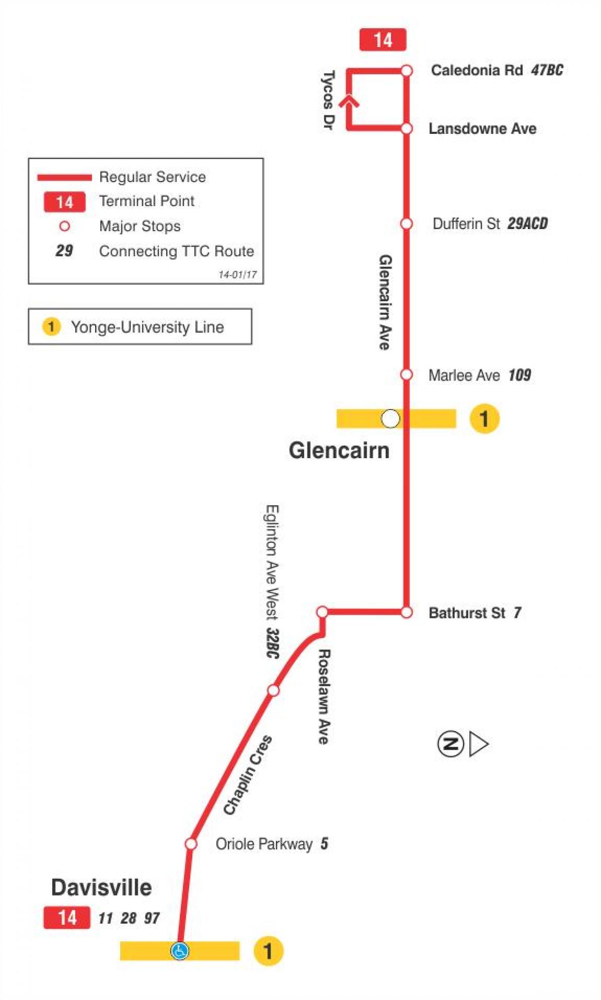 Map of TTC 14 Glencairn bus route Toronto