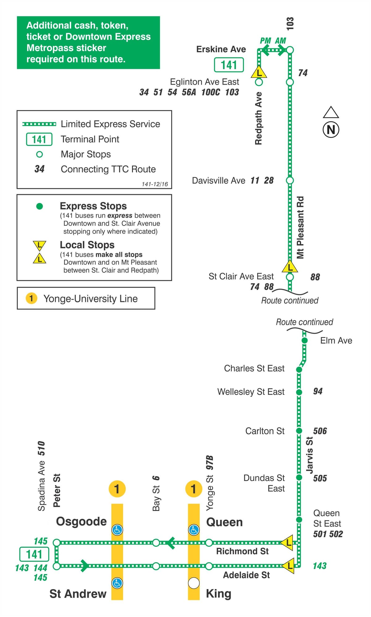 Map of TTC 141 Downtown / Mt Pleasant Express bus route Toronto
