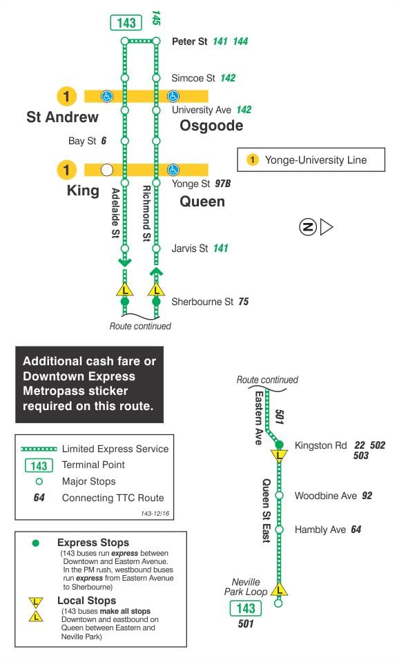 Map of TTC 143 Downtown / Beach Express bus route Toronto
