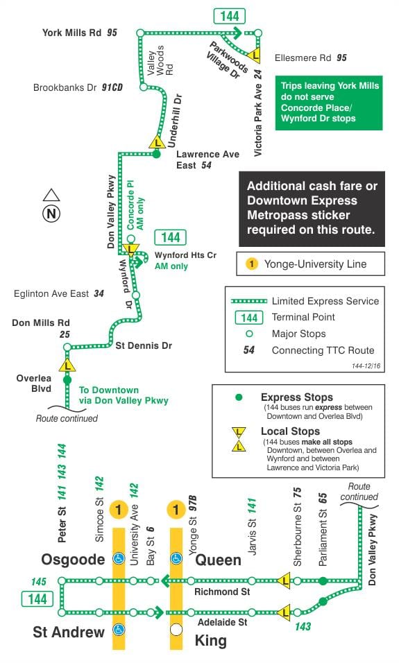 Map of TTC 144 Downtown / Don Valley Express bus route Toronto