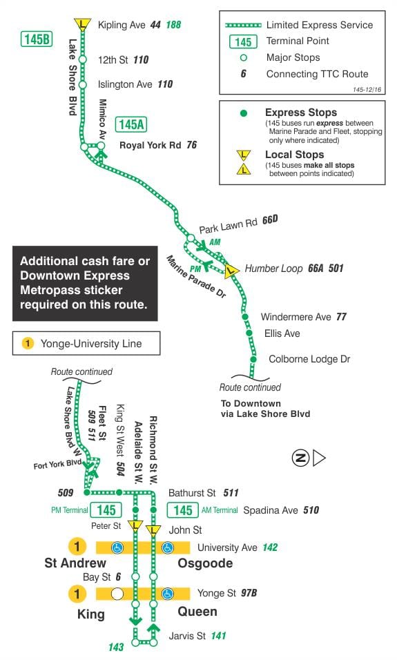 Map of TTC 145 Downtown / Humber Bay Express bus route Toronto