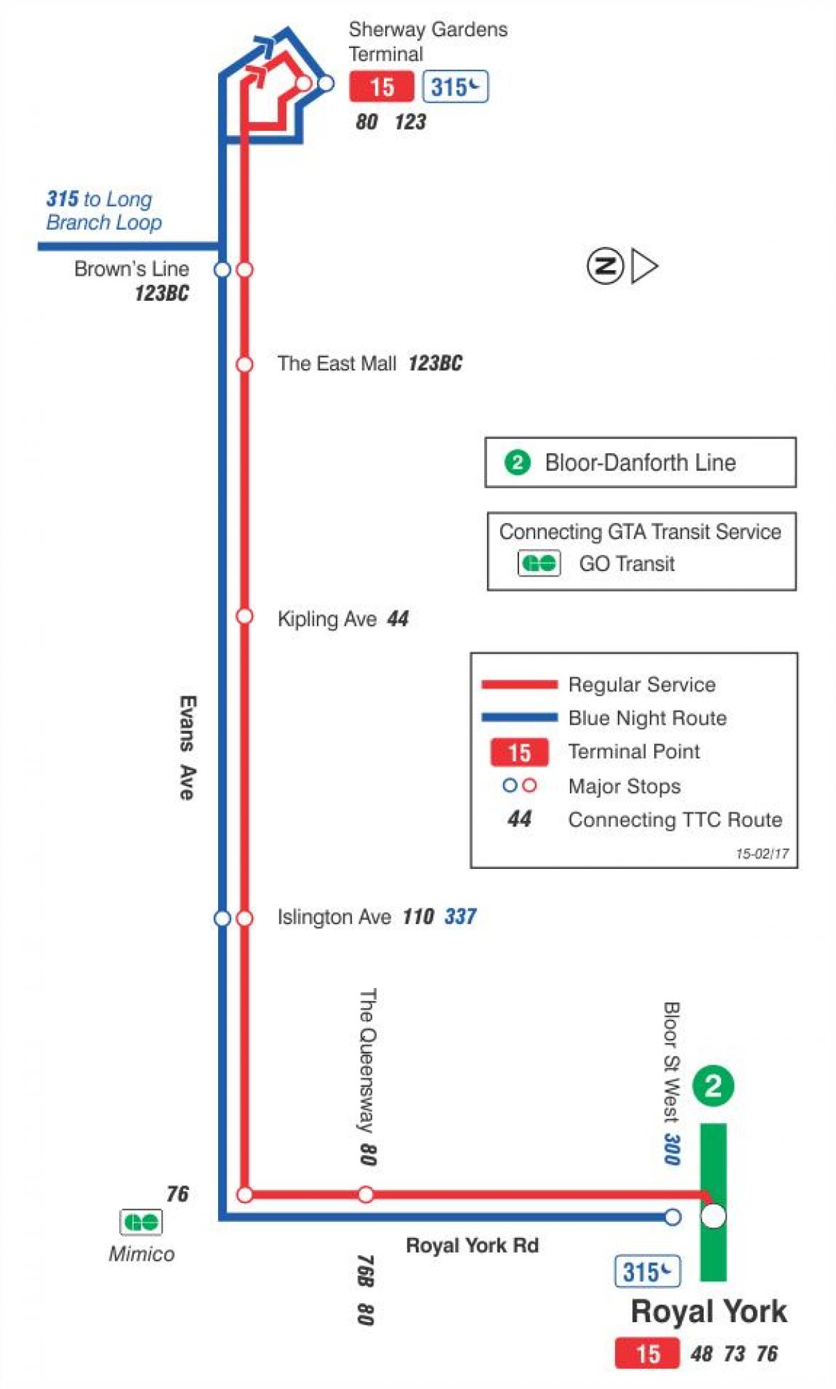 Map of TTC 15 Evans bus route Toronto