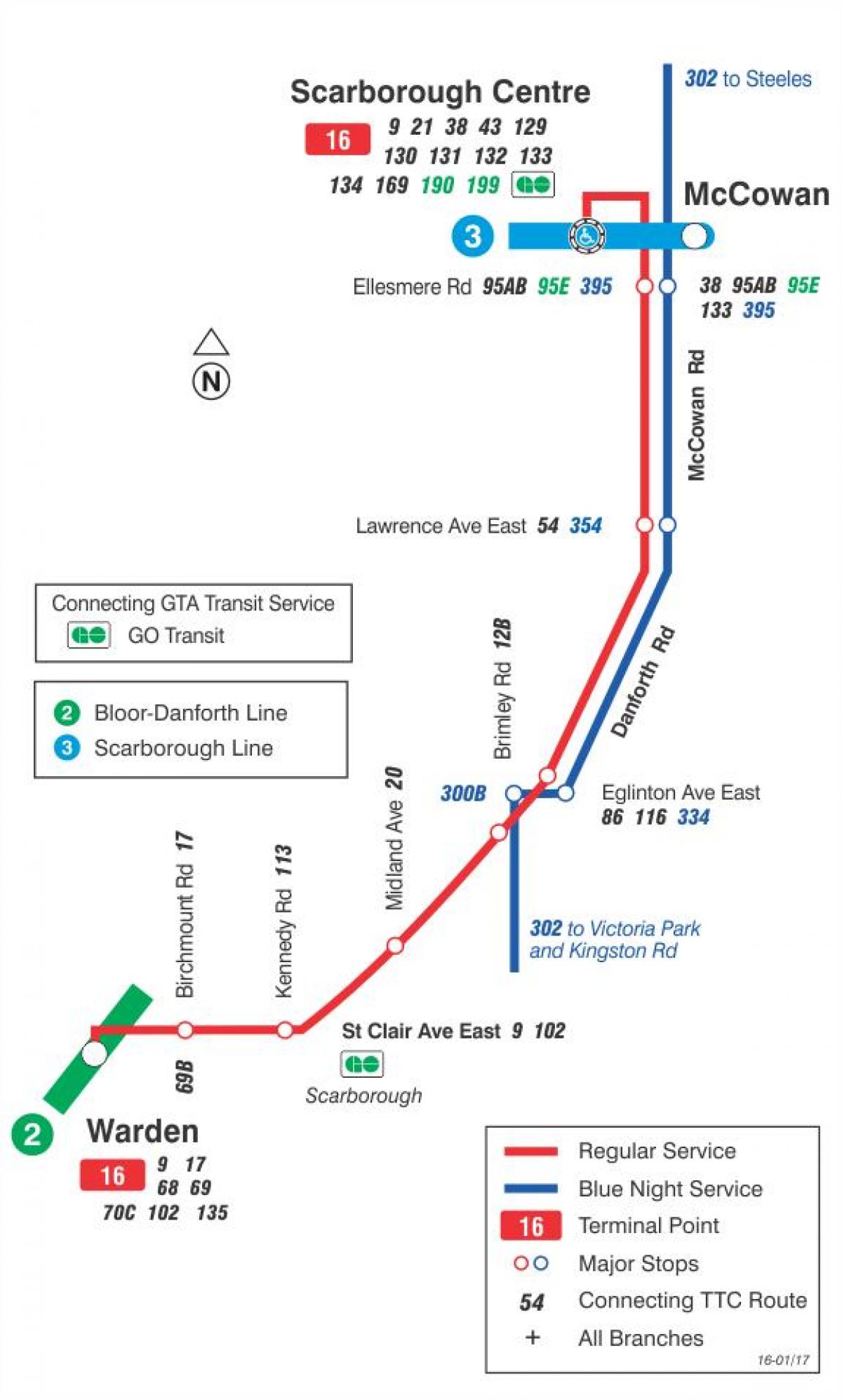 Map of TTC 16 McCowan bus route Toronto