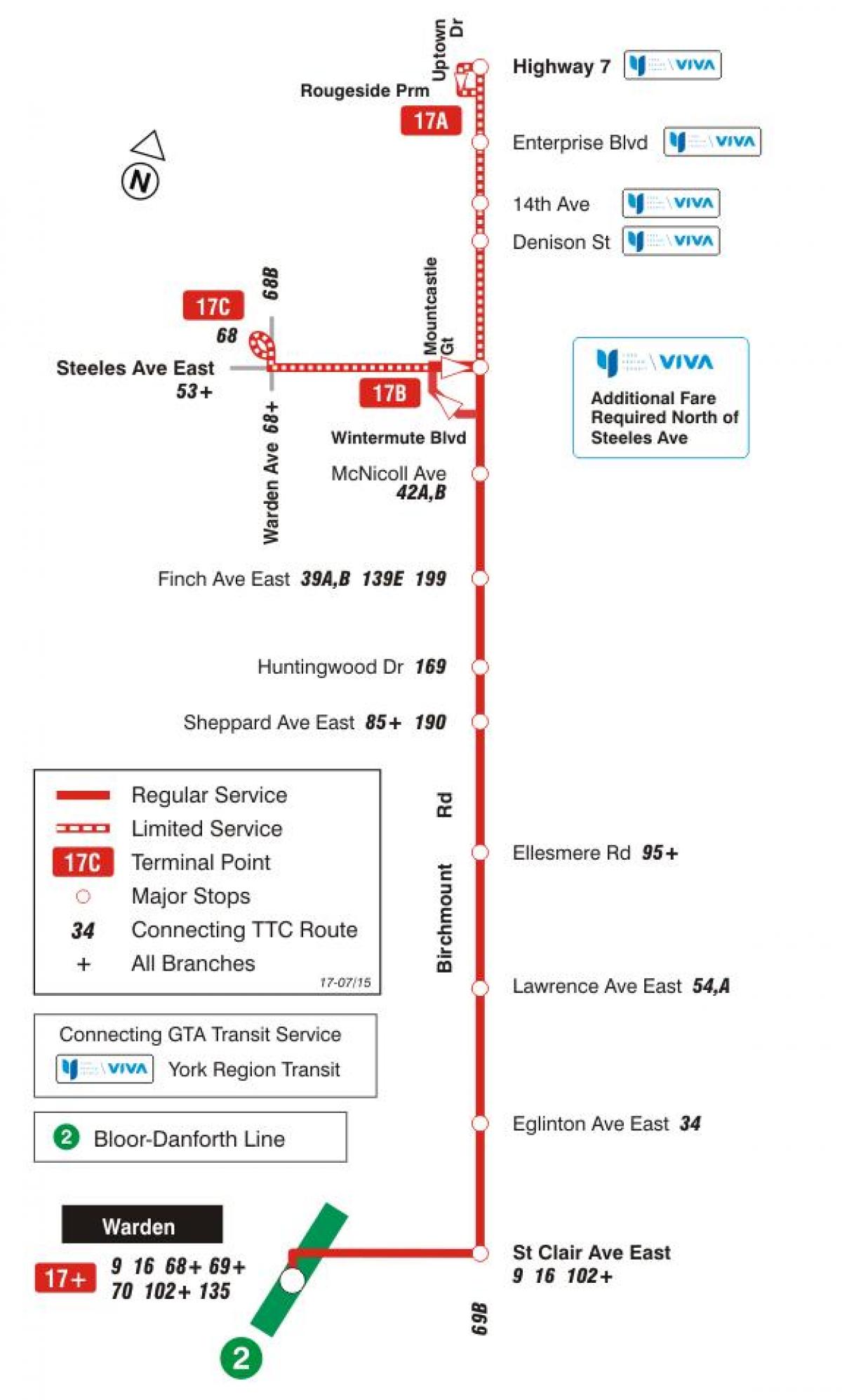 Map of TTC 17 Birchmount bus route Toronto