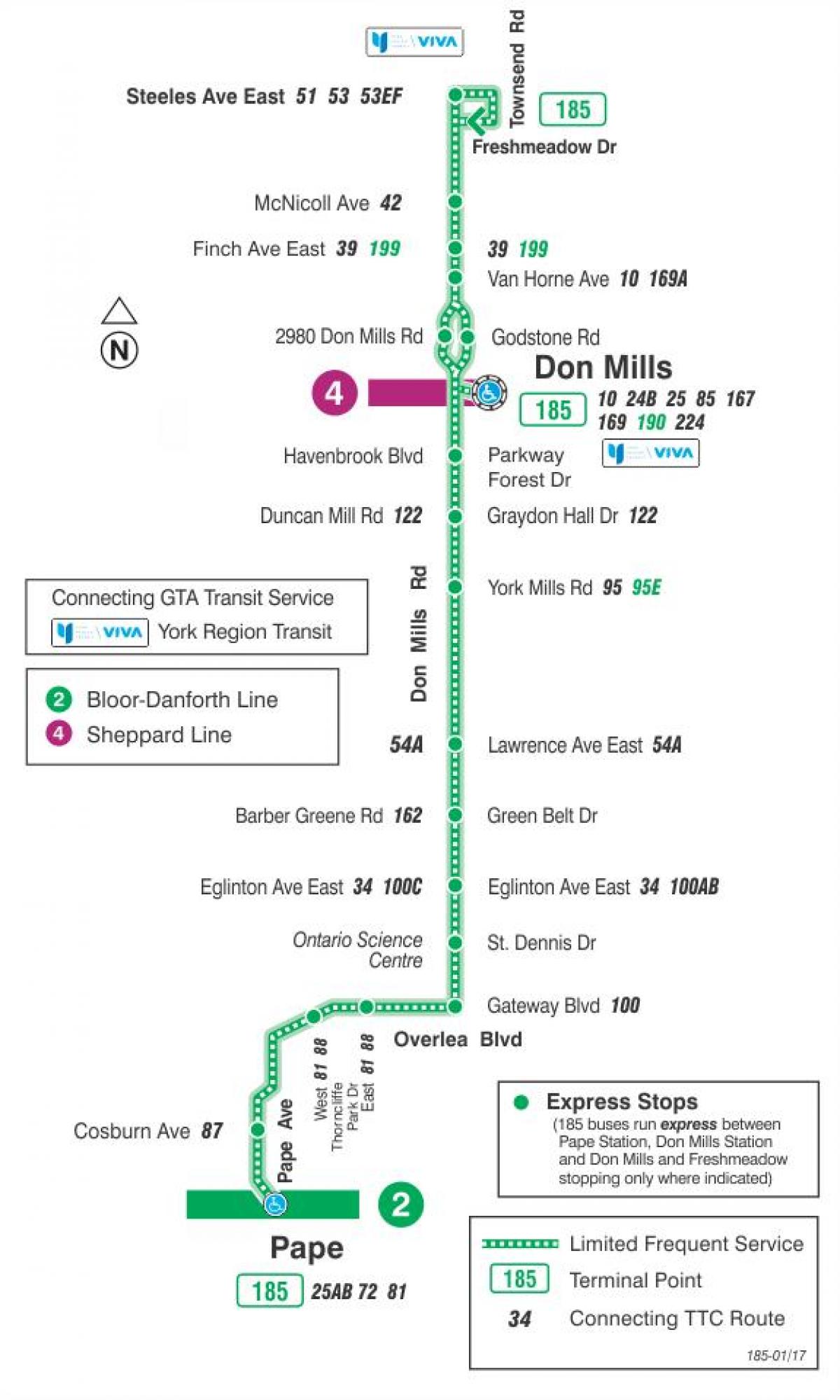 Map of TTC 185 Don Mills Rocket bus route Toronto