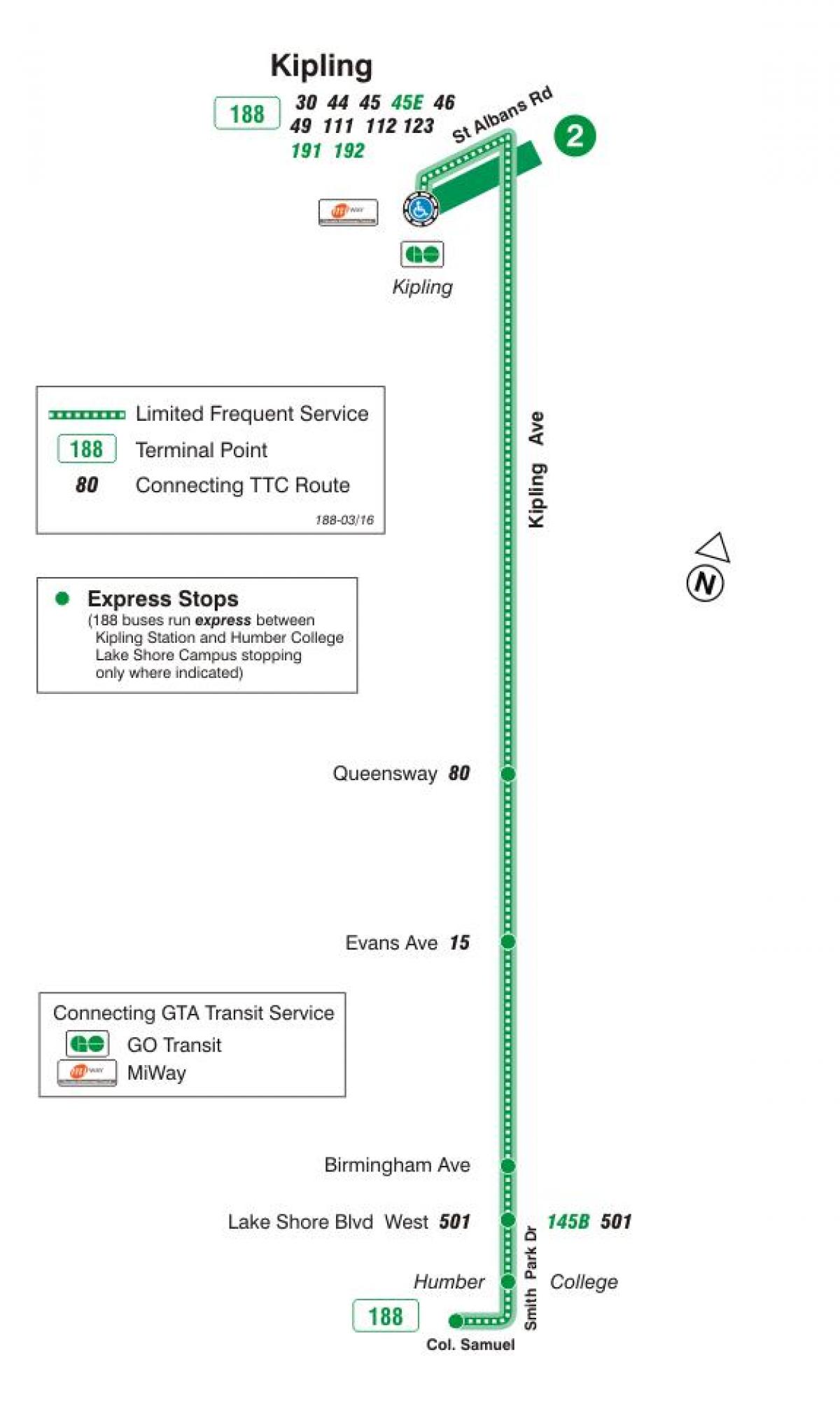 Map of TTC 188 Kipling South Rocket bus route Toronto