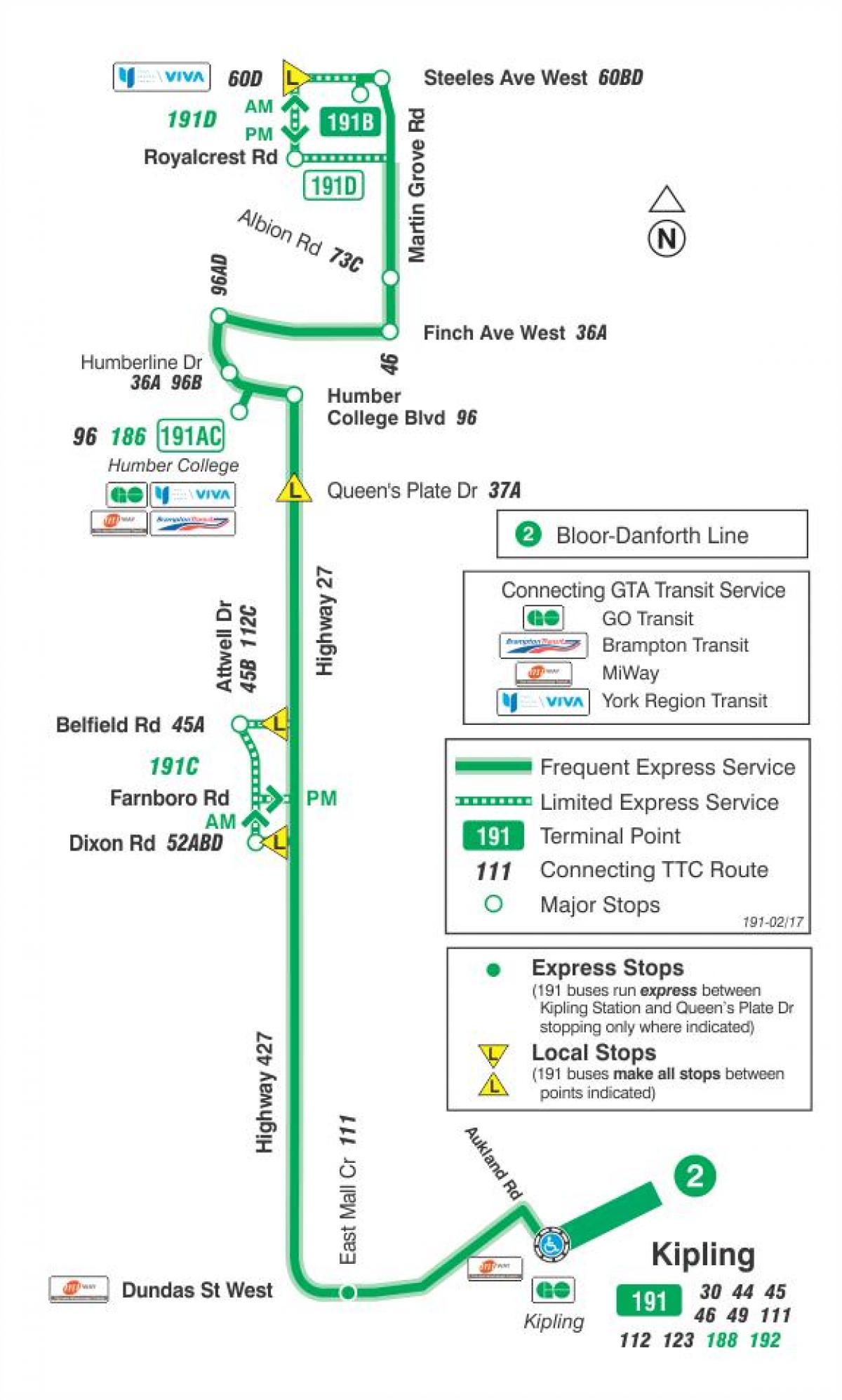 Map of TTC 191 Highway 27 Rocket bus route Toronto