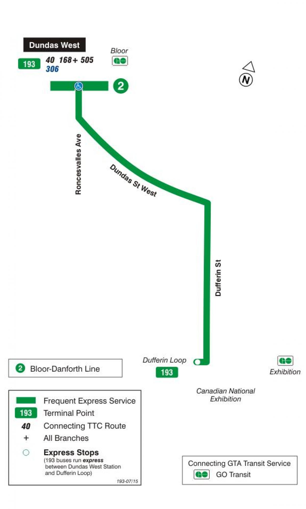 Map of TTC 193 Exhibition Rocket bus route Toronto