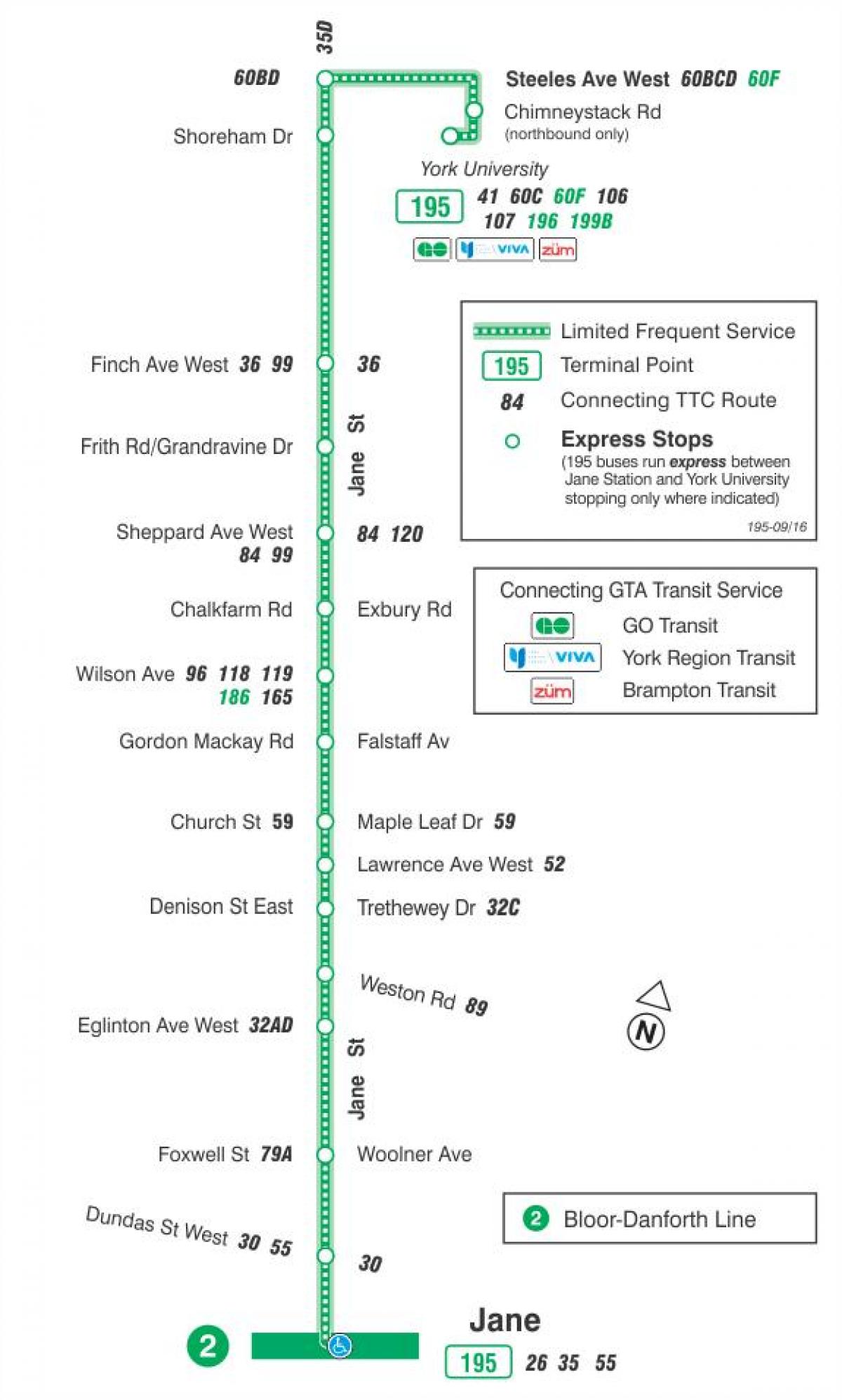 Map of TTC 195 Jane Rocket bus route Toronto