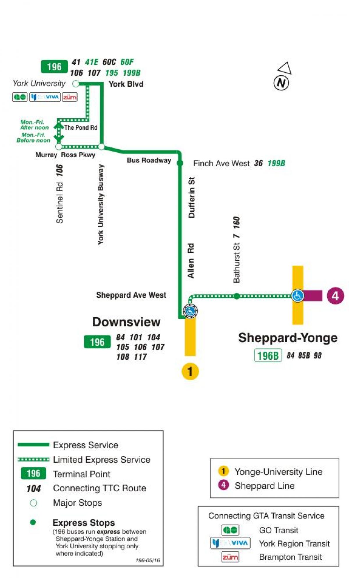Map of TTC 196 York University Rocket bus route Toronto