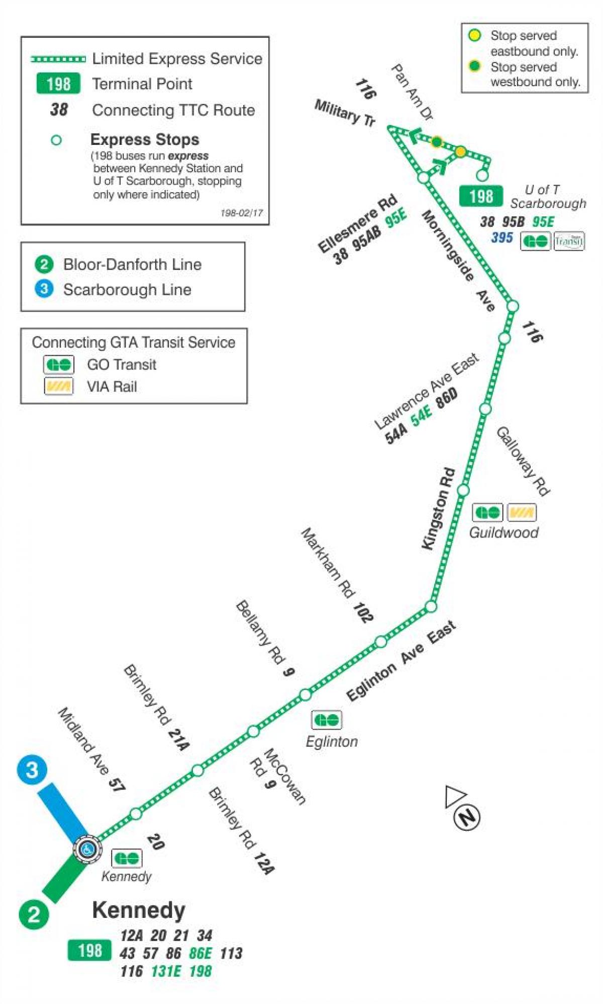 Map of TTC 198 U of T Scarborough Rocket bus route Toronto