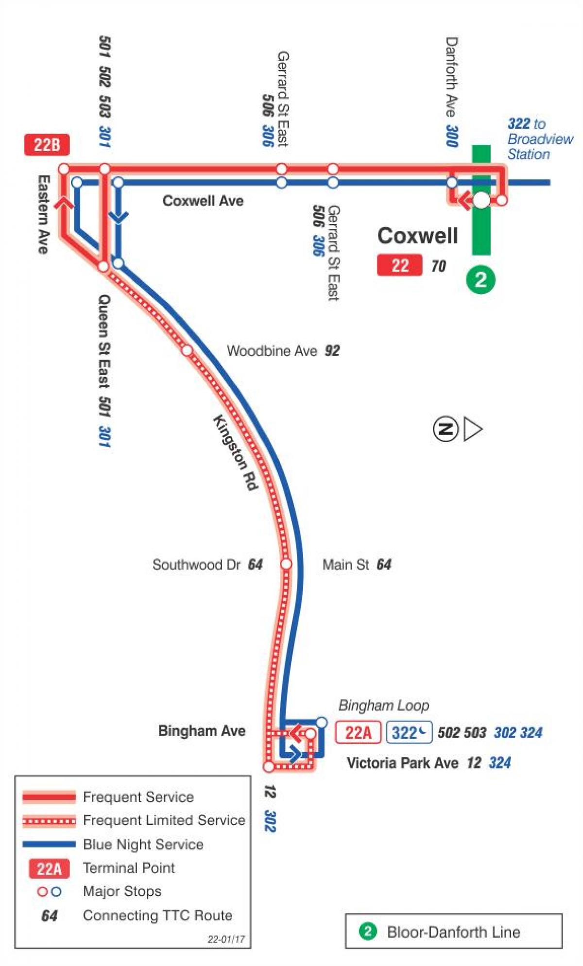 Map of TTC 22 Coxwell bus route Toronto