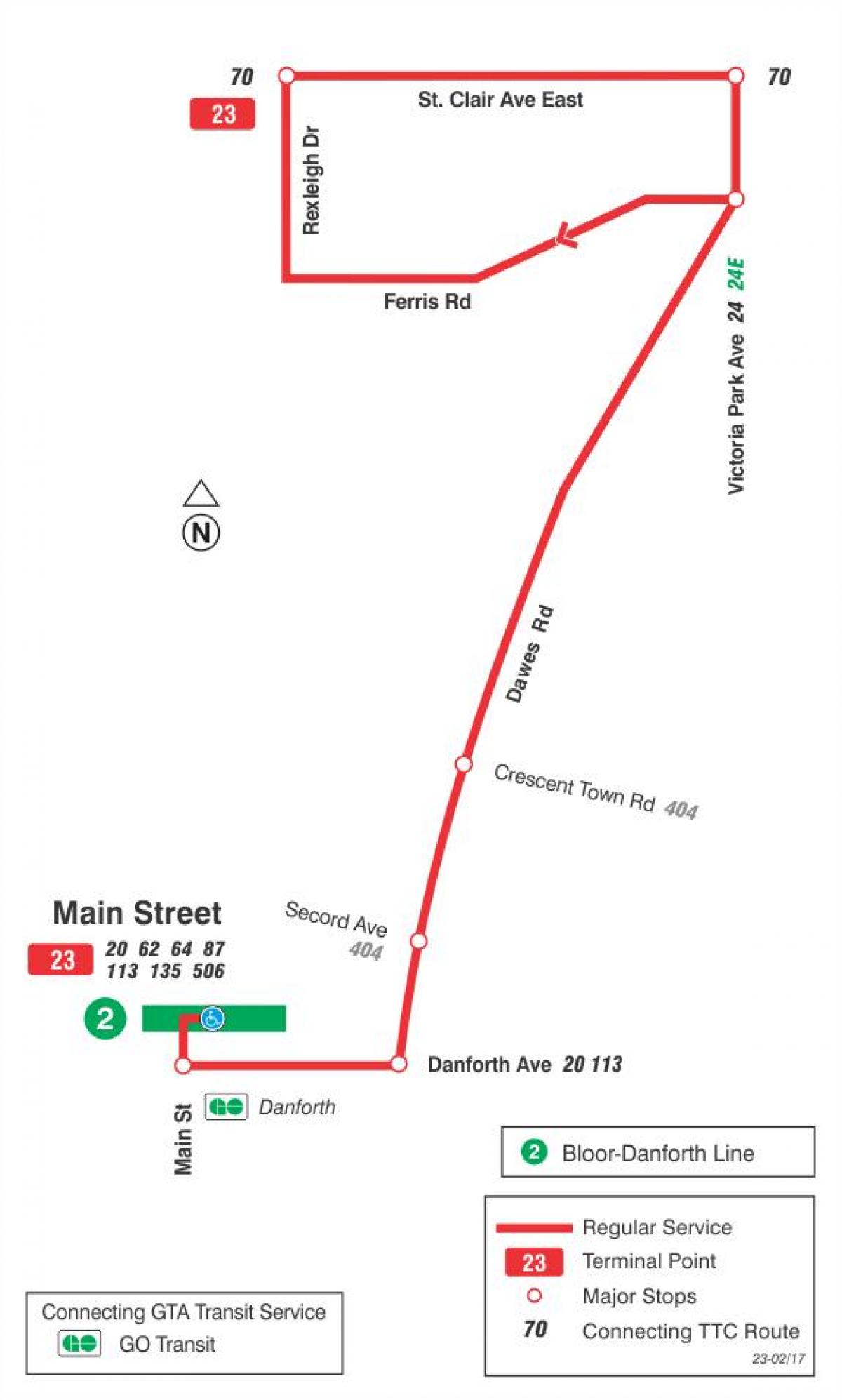 Map of TTC 23 Dawes bus route Toronto