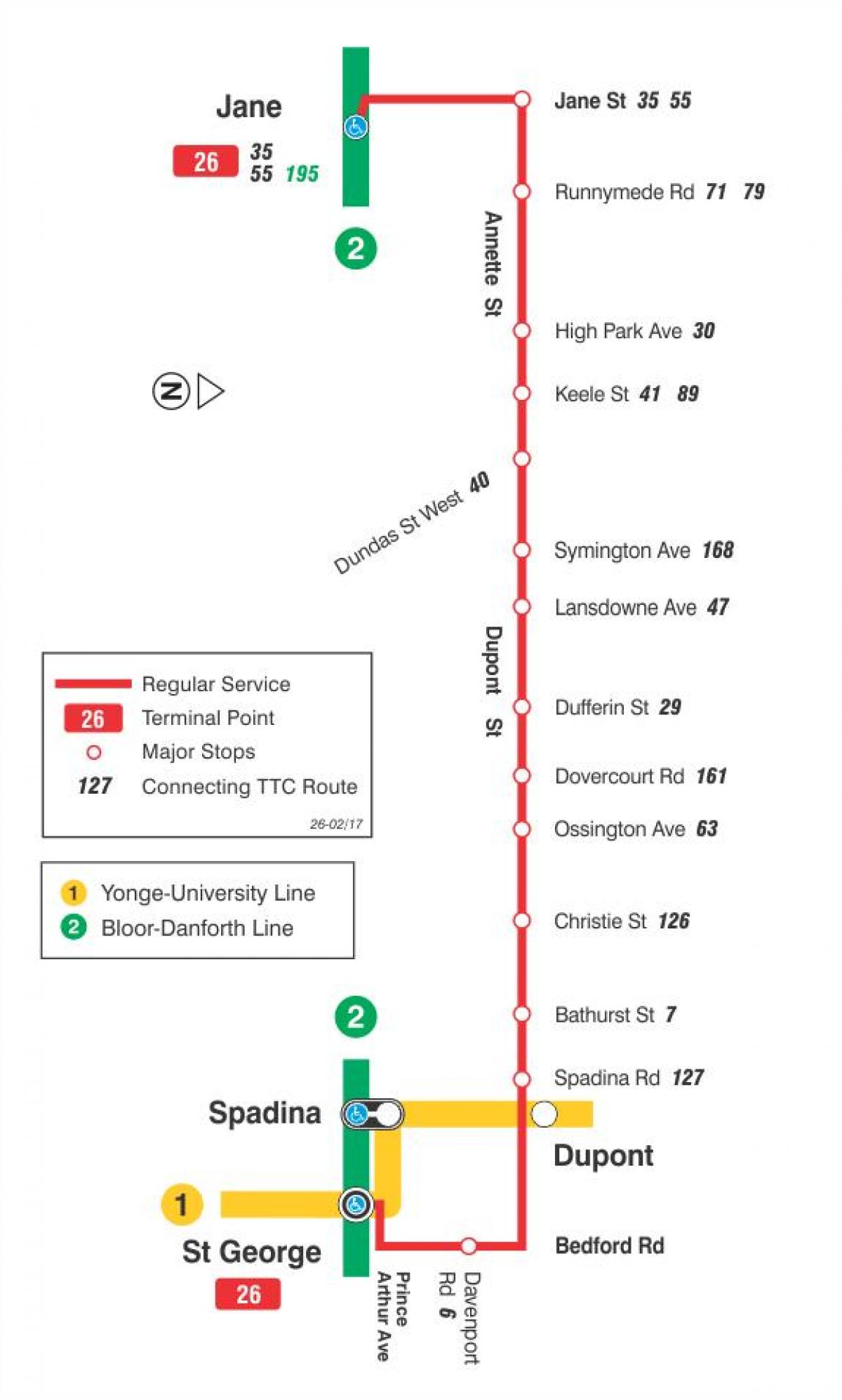 Map of TTC 26 Dupont bus route Toronto