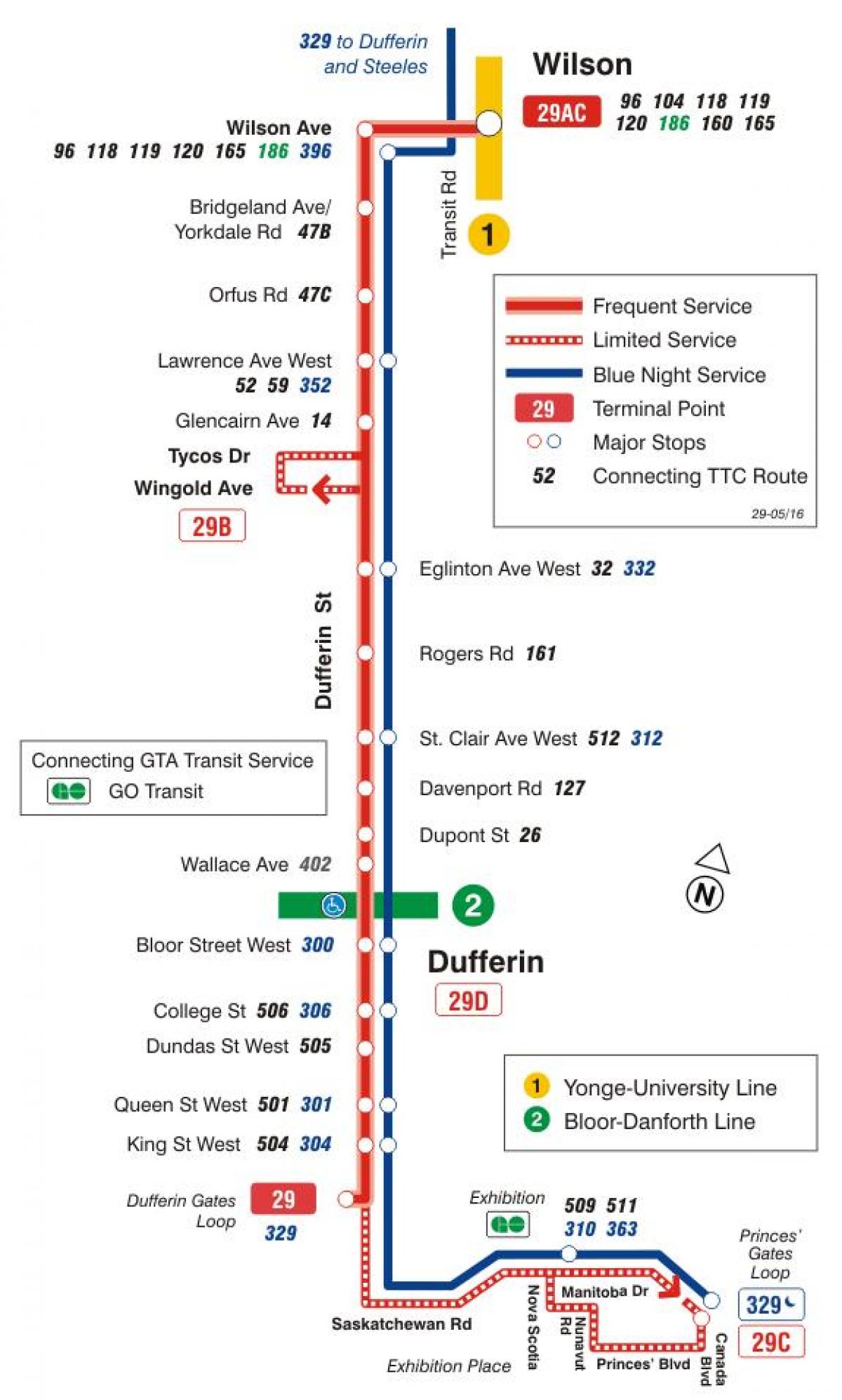 Map of TTC 29 Dufferin bus route Toronto