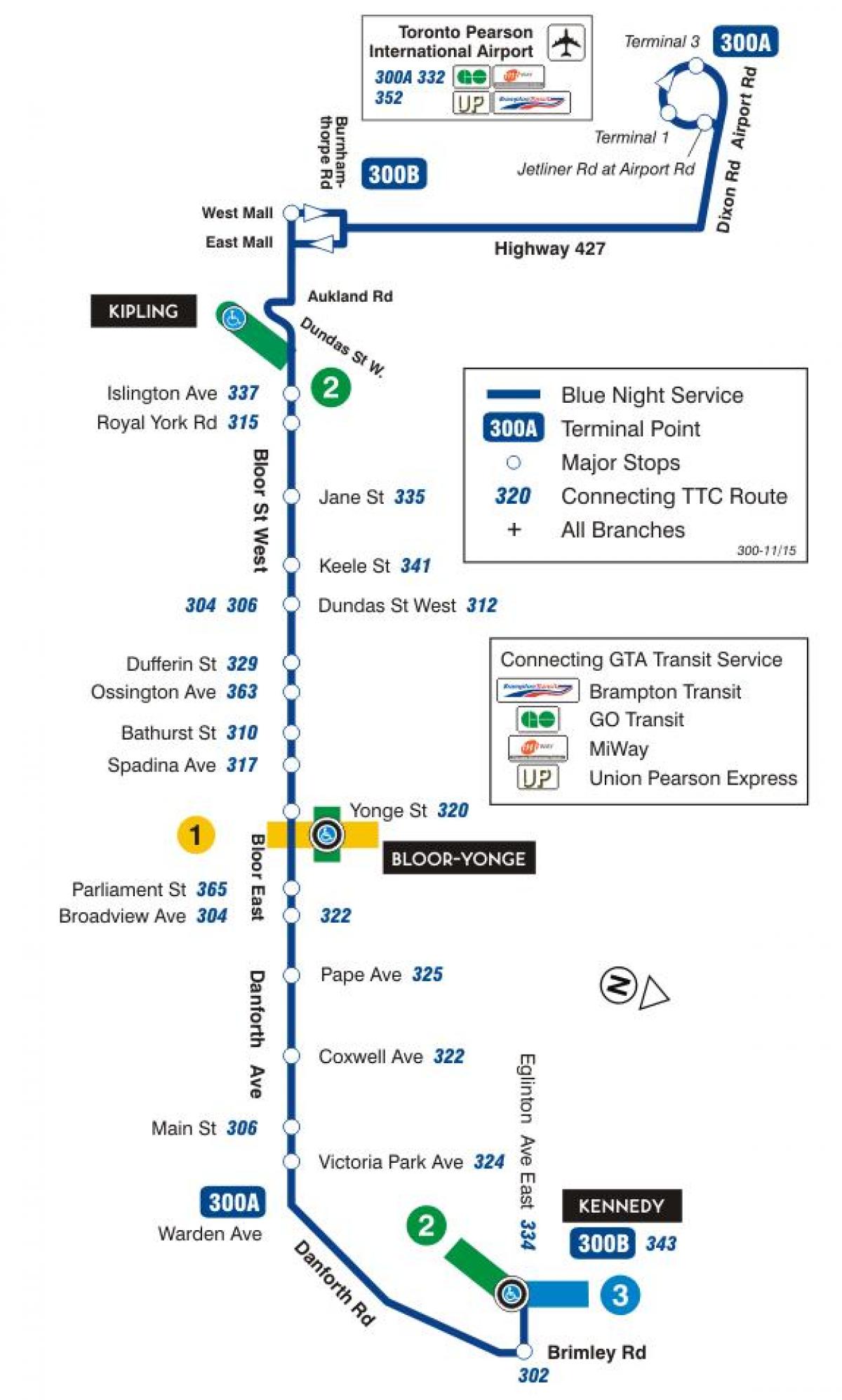 Map of TTC 300A Bloor-Danforth bus route Toronto