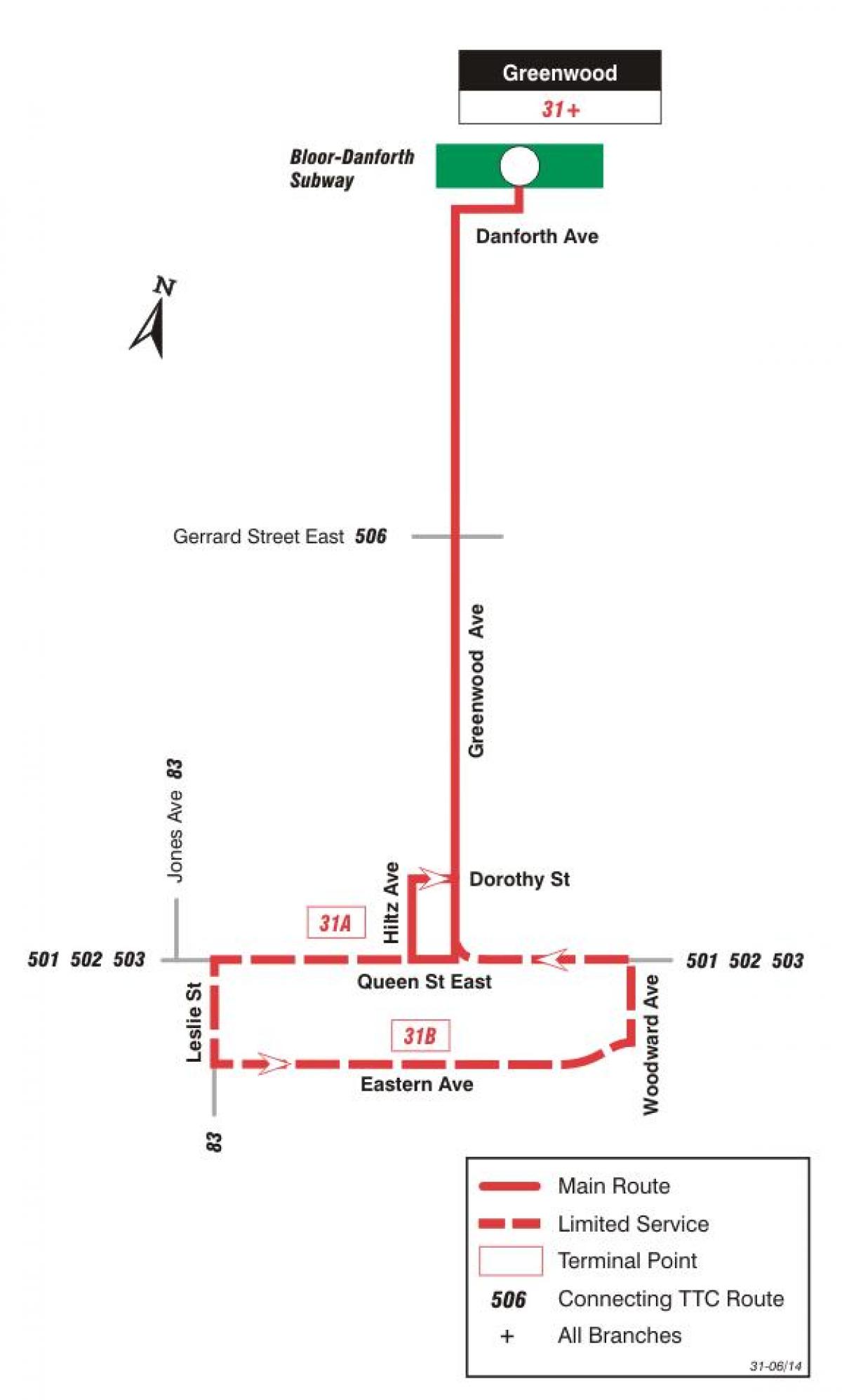Map of TTC 31 Greenwood bus route Toronto