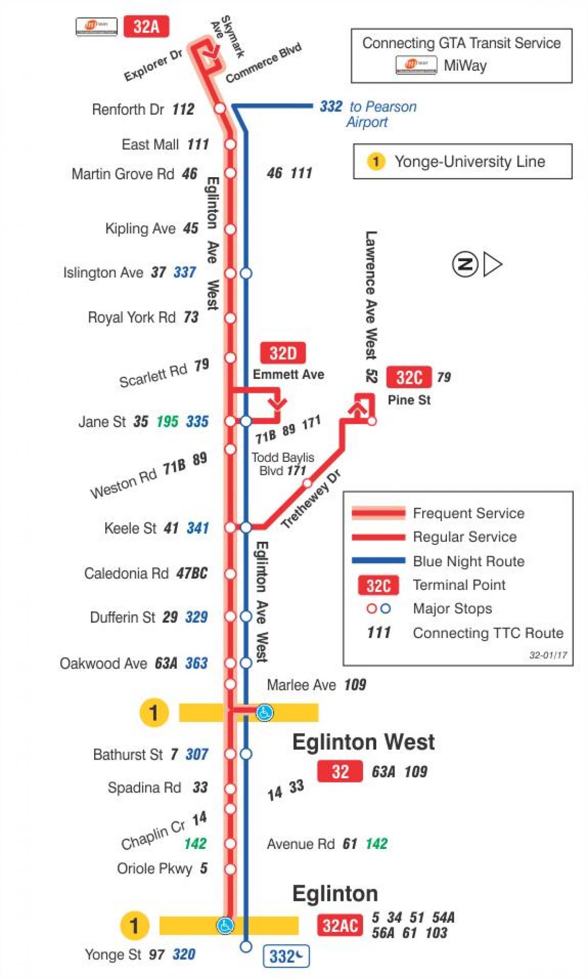 Map of TTC 32 Eglinton West bus route Toronto
