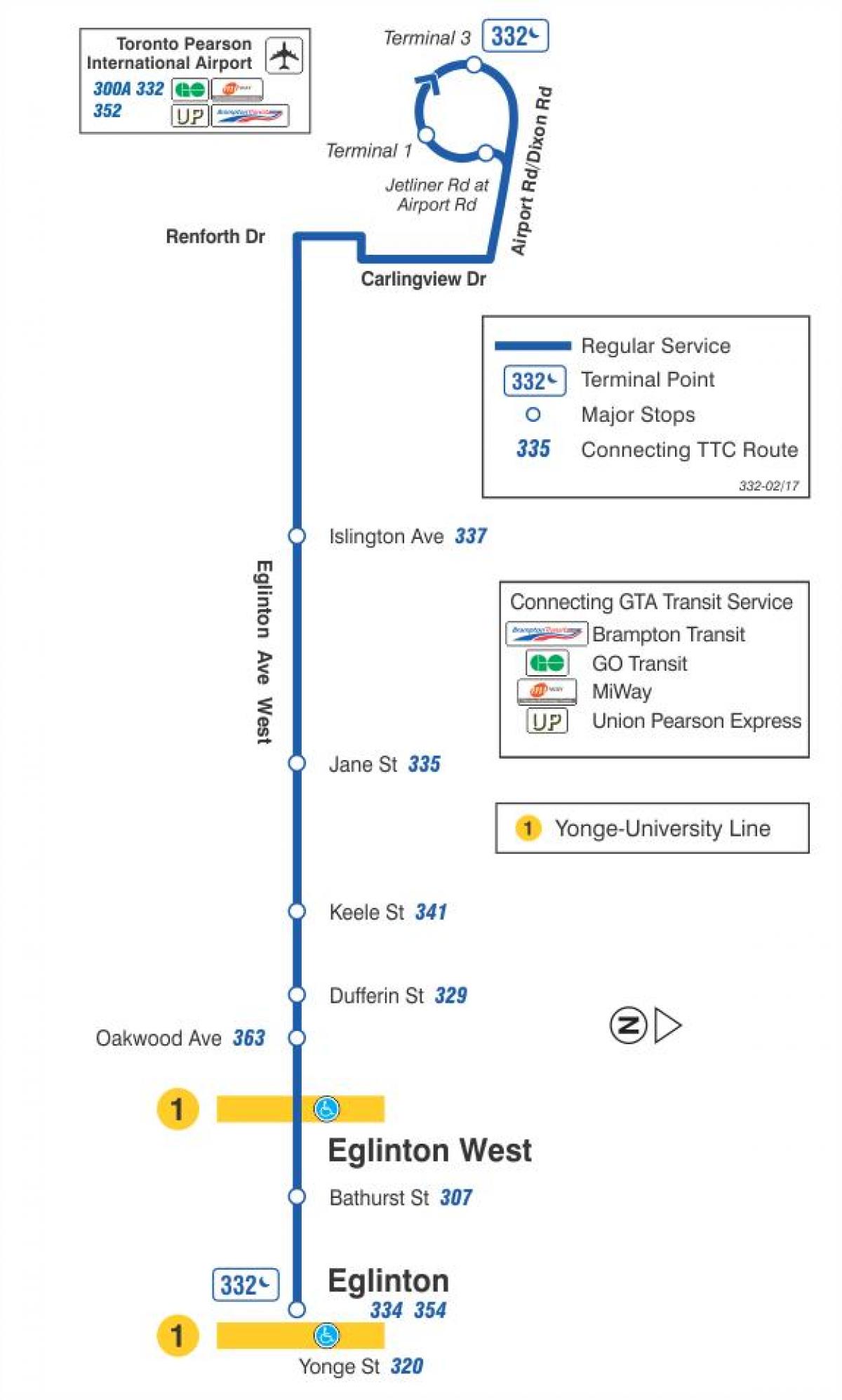 Map of TTC 332 Eglinton West bus route Toronto