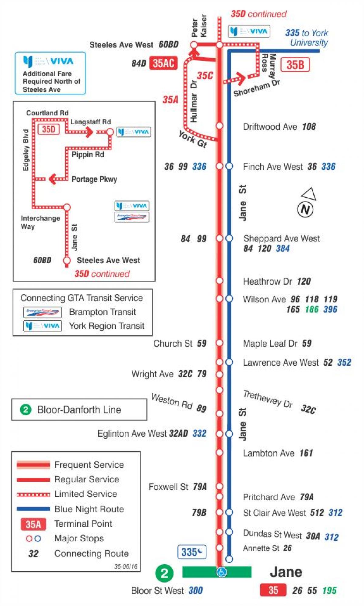 Map of TTC 35 Jane bus route Toronto