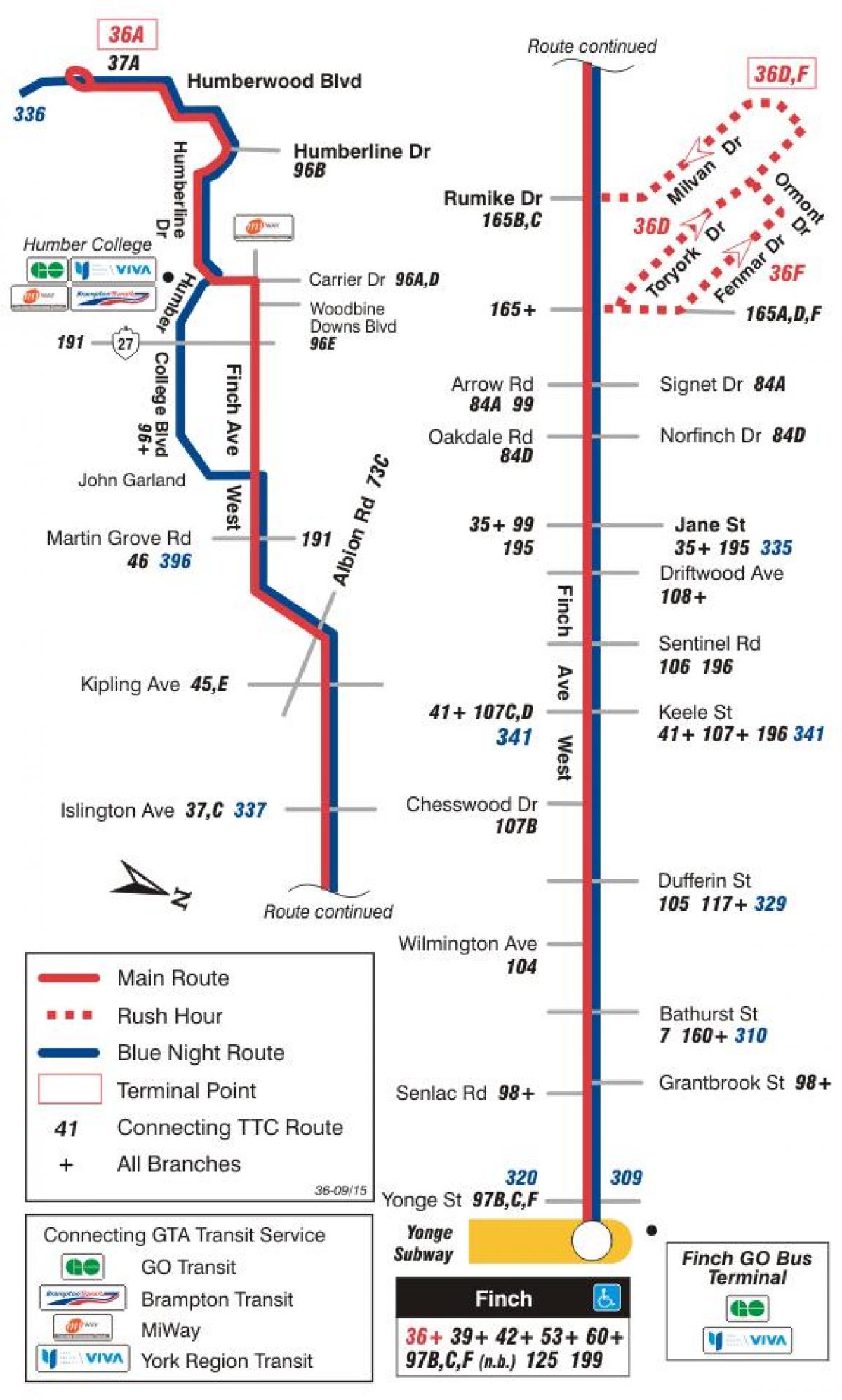 Map of TTC 36 Finch West bus route Toronto