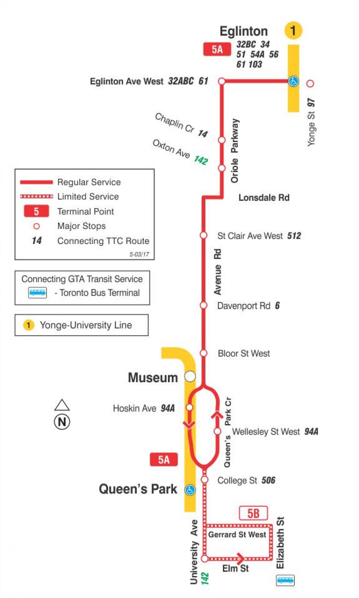 Map of TTC 5 Avenue Rd bus route Toronto