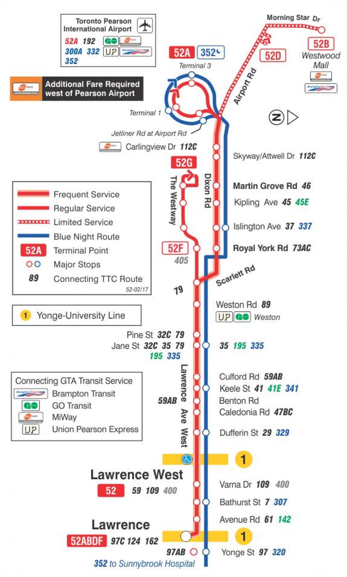 Map of TTC 52 Lawrence West bus route Toronto