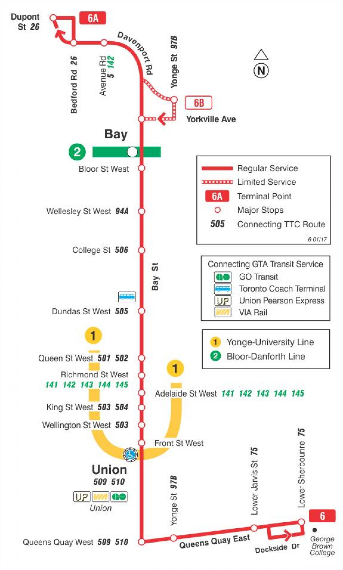 Map of TTC 6 Bay bus route Toronto