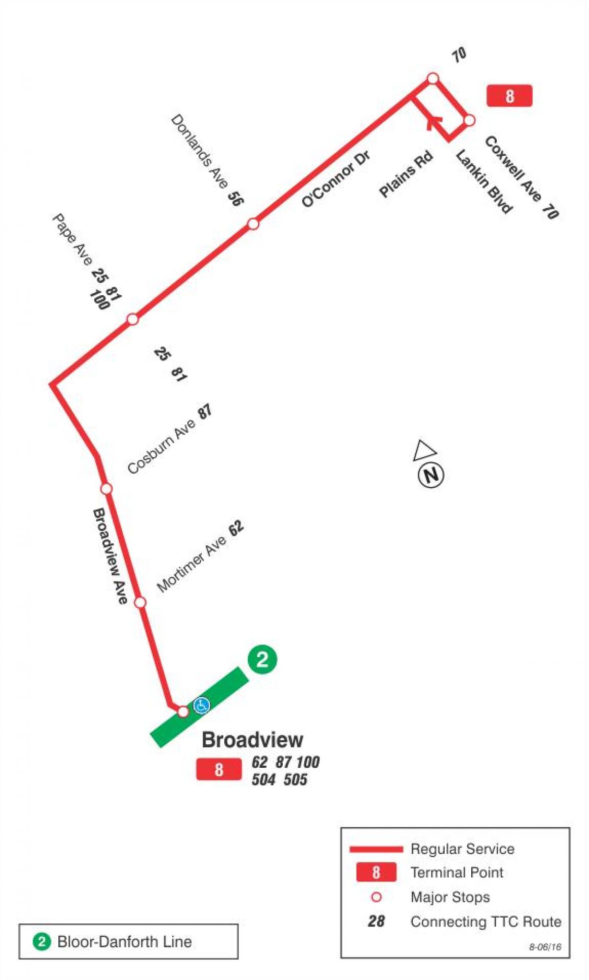 Map of TTC 8 Broadview bus route Toronto