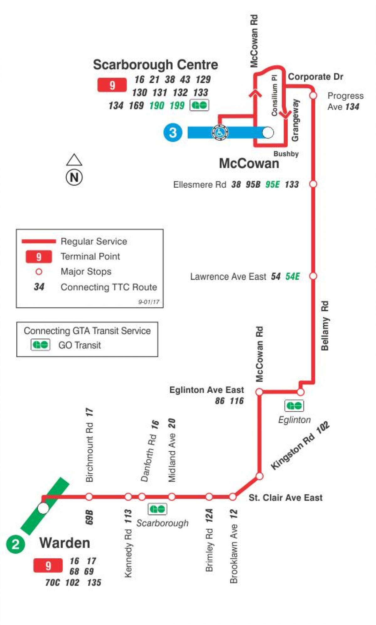 Map of TTC 9 Bellamy bus route Toronto