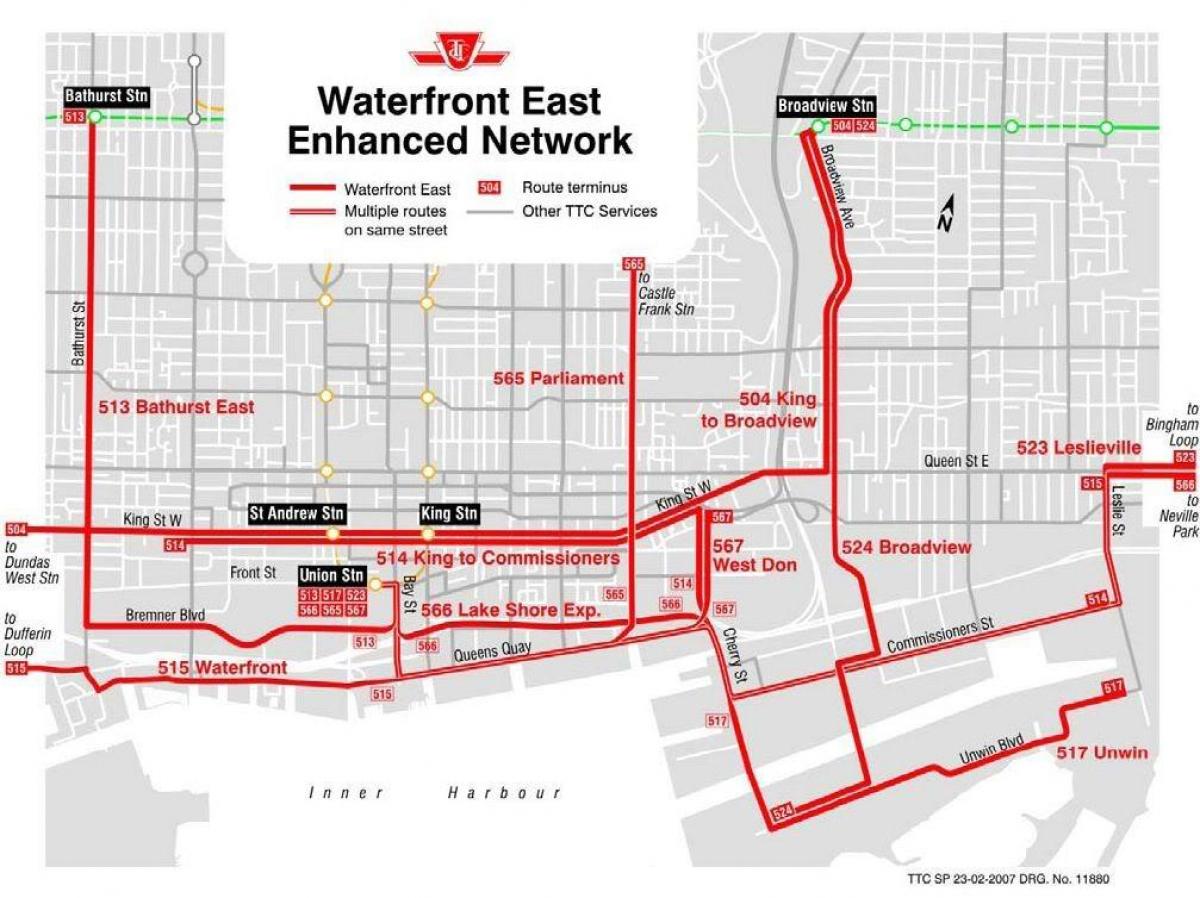 Map of Waterfront East enhanced network Toronto